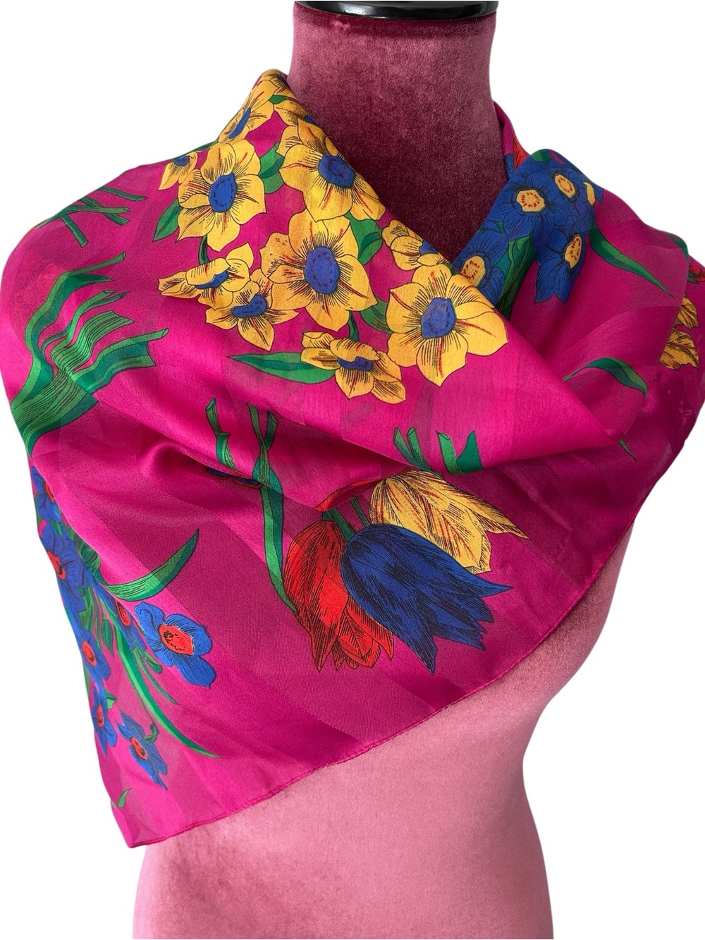 Berkshire Pink Tulip & Daffodil Floral Square Scarf Made in Italy